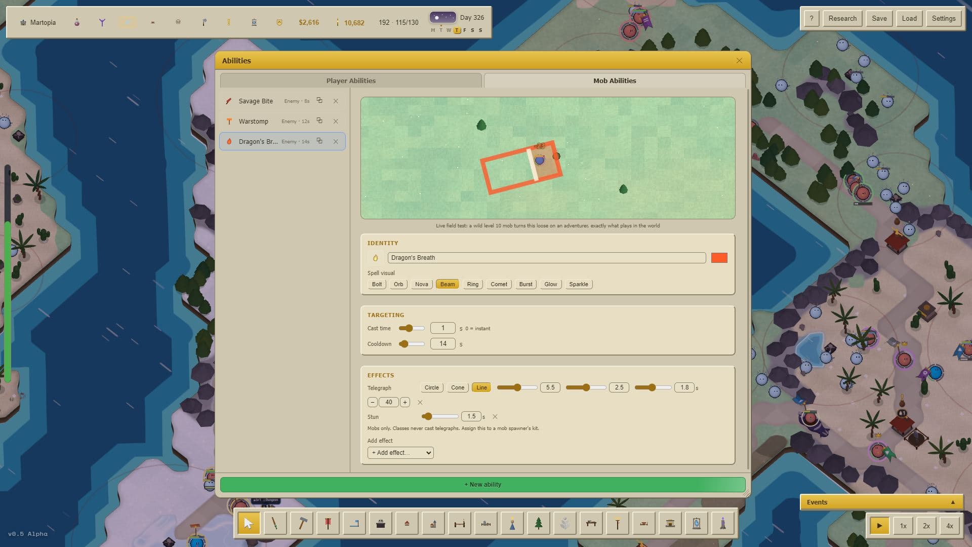 The ability editor in MMOS, building a Dragon's Breath beam with a line telegraph