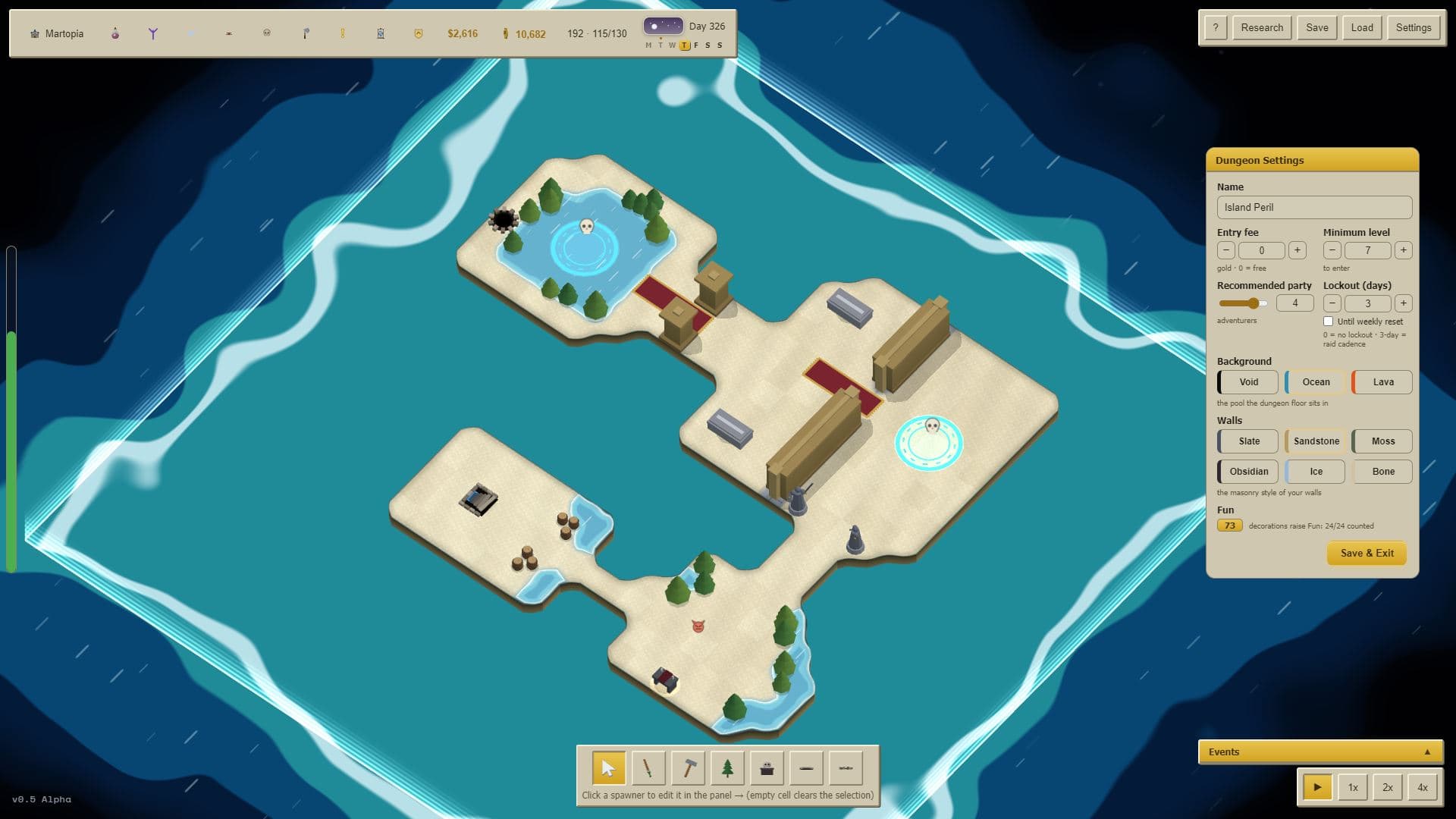 The dungeon editor in MMOS, laying out the Island Peril dungeon