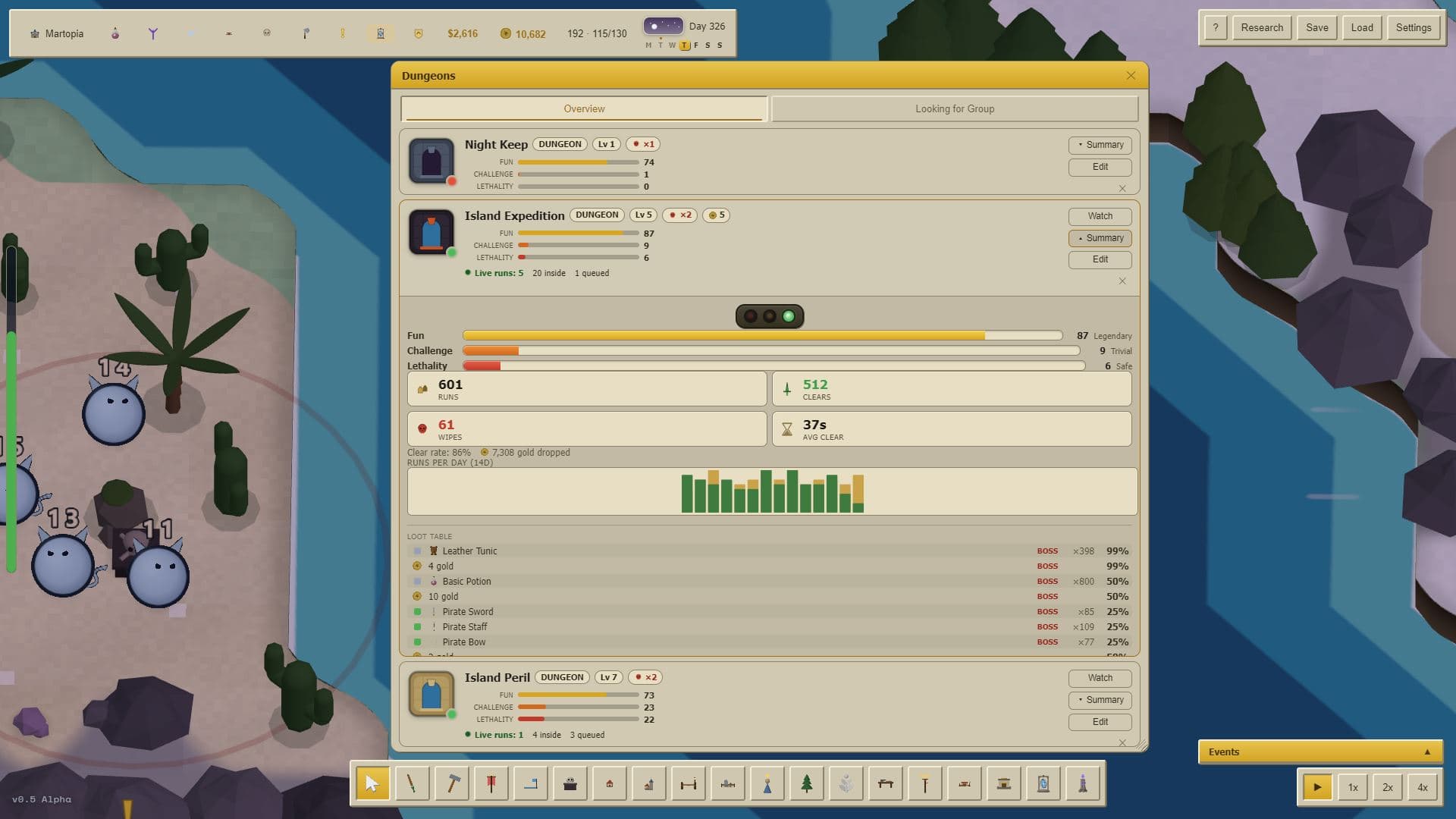 The dungeon overview in MMOS, showing runs, clears and the loot table for Island Expedition