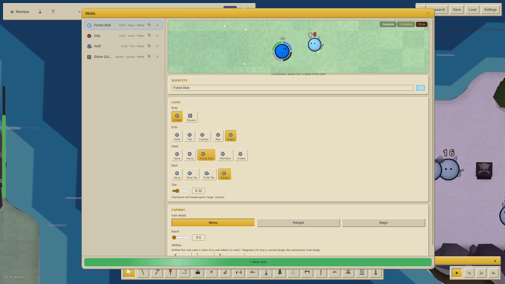 The mob editor in MMOS, building a Forest Blob