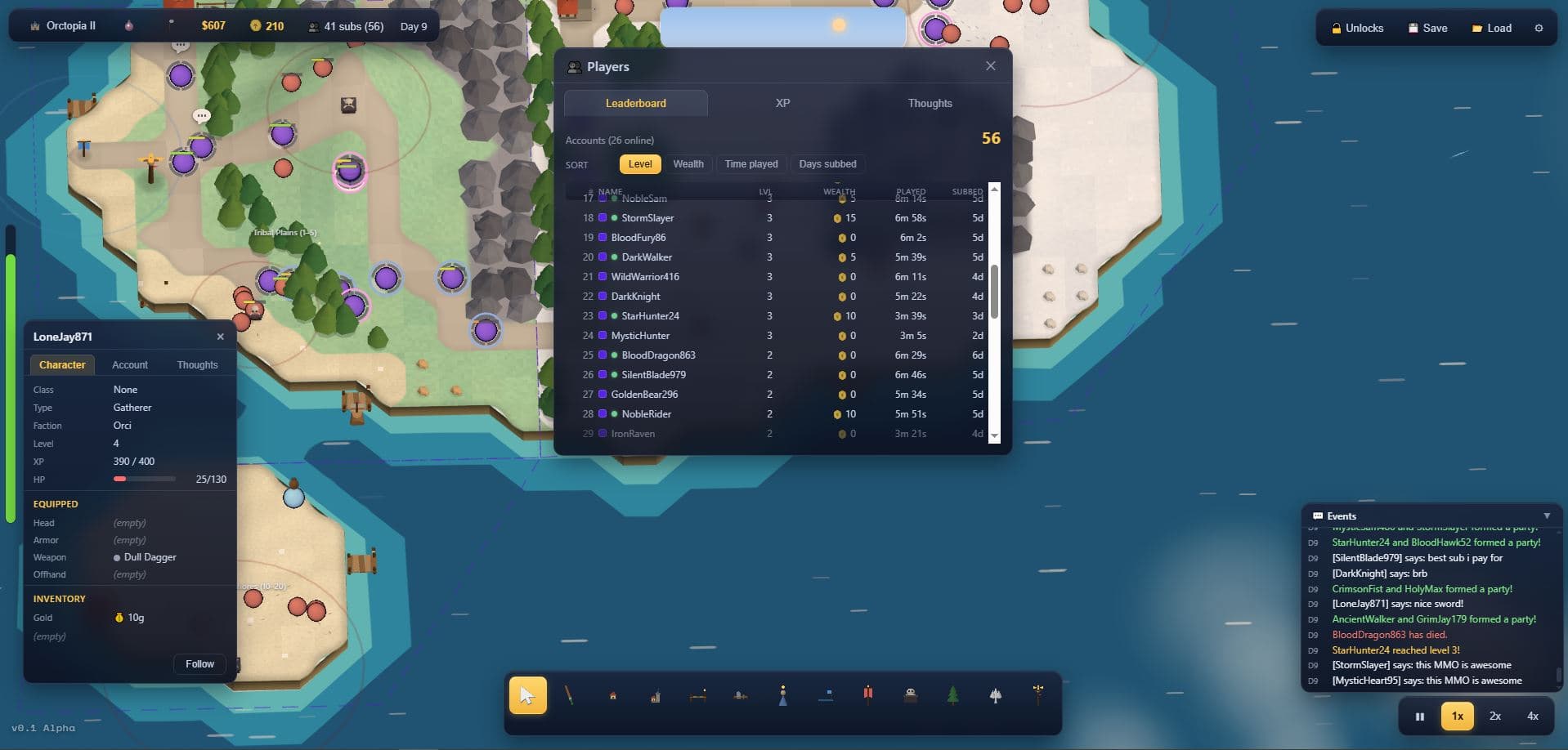 The server leaderboard — subscribers, days subscribed, and time played