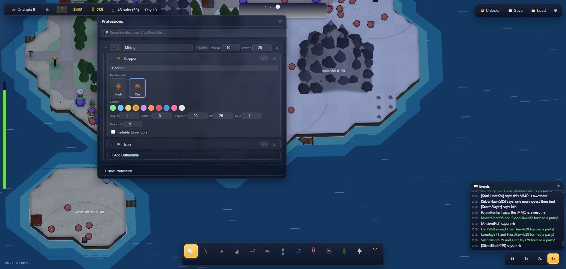 The professions editor — gatherable nodes with levels, respawn timers, and yields