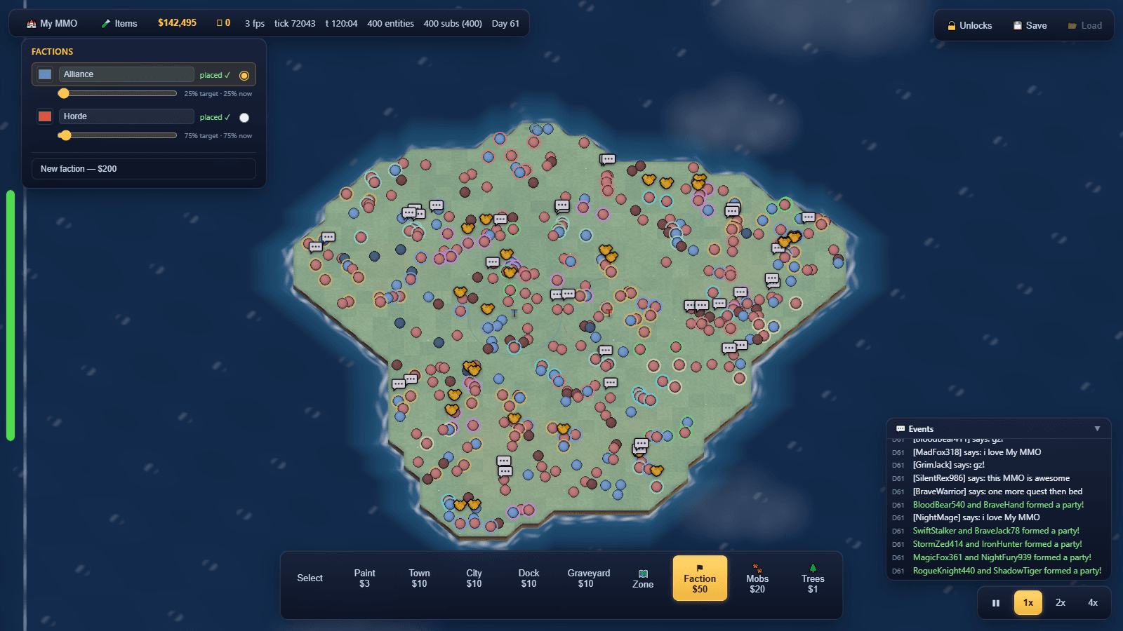 A thriving MMOS server with hundreds of adventurers online